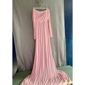 Light Pink Long Sleeve Maternity Gown Cross-Front V-Neck Maxi Dress with Train